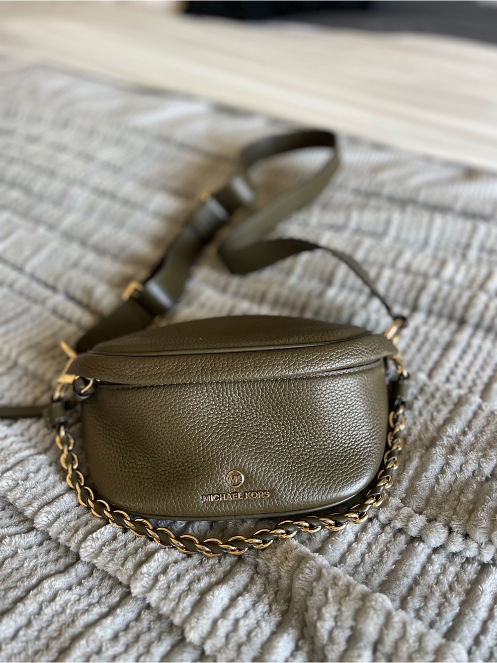 Michael Kors Olive Pebbled Leather Crossbody Belt Bag with Gold Chain